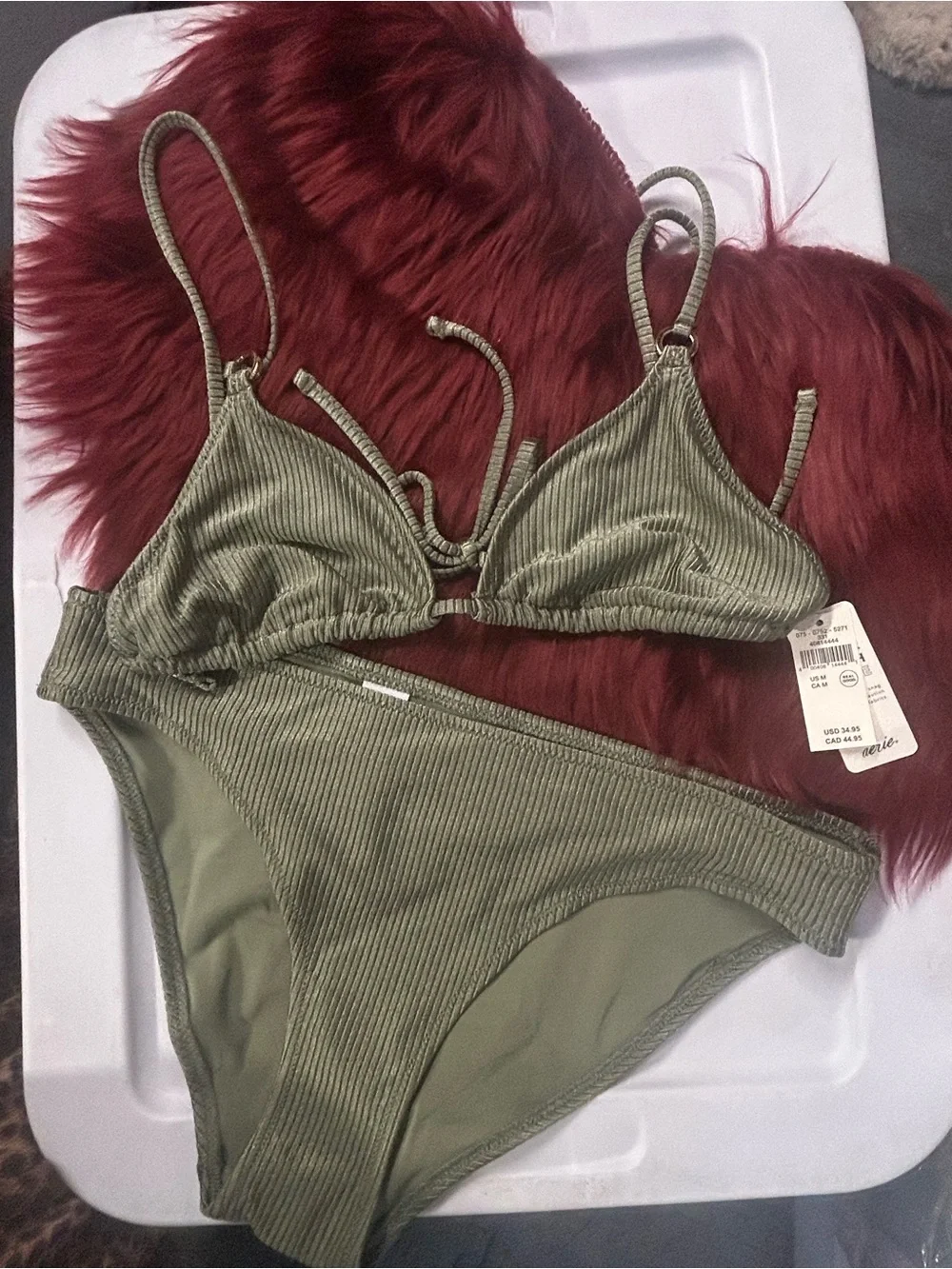 NWT Aerie Shine Ribbed Olive Ribbed Triangle String Bikini Set